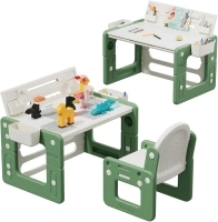 BanaSuper Kids 2-sided Drawing Table and Chair Set with Building Blocks Toddler Activity Table Adjustable Height Multifunction Children Furniture Set for Preschoolers (Green)