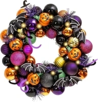 Valery Madelyn Halloween Wreath for Front Door, Craft Halloween Decorations with Led Lights, Wreath with Various Bauble Ornaments for Home Table Centerpiece Window Mantel Party Indoor Outdoor,12 inch