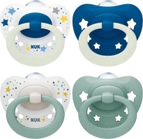 NUK Signature Day & Night Baby Dummy | 0-6 months | Soothes 95% of Babies | Heart-Shaped BPA-Free Silicone Soothers | Glow-in-the-Dark | Stars | 4 Count