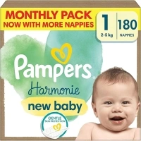 Pampers Harmonie Nappies Size 1, 180 Nappies, 2kg-5kg, Gentle Skin Protection Cushiony Soft