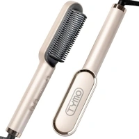 TYMO Hair Straightener Brush UK Plug, Flat Iron and Hair Brush 2-in-1, Anti-Scald, Fast Heating, 5 Temp Settings, Professional Salon at Home, Wider Comb for Even Straightening, TYMO Ring Gold