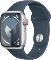 Apple Watch Series 9 [GPS + Cellular 41mm] Smartwatch with Silver Aluminum Case with Storm Blue Sport Band S/M. Fitness Tracker, Blood Oxygen & ECG Apps, Always-On Retina Display, Water Resistant