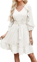 GRACE KARIN Women Summer Dresses Casual Dress Long Sleeves V-Neck A-Line Ruffles Dress