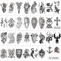 Aresvns Temporary Tattoo for Men Women and kids,32 Sheets Black Realistic Fake Tattoos Waterproof,Panda,Tiger,Bear,Wolf,Snake,Eagle,Ancient Warriors