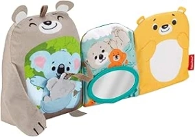 Fisher-Price Sit & Snuggle Activity Book, Plush Animal Toy and Soft Book with Mirror, Teether, and Sensory Activities for Babies Ages 3 Months+, GJD37