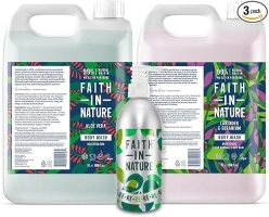 Faith In Nature Body Care Bundle Featuring: Aloe Vera Body Wash 5L, Lavender & Geranium Body Wash 5L and Aluminium Refill Bottle 450ml