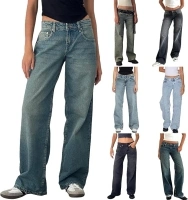 Womens Baggy Low Rise Jeans Y2K Boyfriend Wide Leg Straight Jean Vintage Denim Pants Casual Jeans with Pocket Clothing