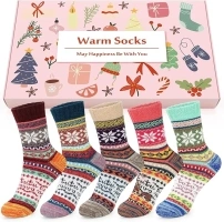 Airabc Thermal Winter Women Socks 5 Pairs Wool Warm Knitting Ladies Socks Vintage Style Soft Cotton Thick Woman Bed Sock Multicoloured for Home Office School Hiking, Ideal Christmas Gifts for Women