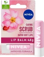 NIVEA 2in1 Caring Lip Scrub (4.8g), Lip Balm with Rosehip Oil and Vitamin E, Gently Exfoliates for Super Soft Lips, Intensive Lip Care, No Need to Wipe Off