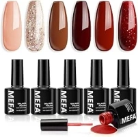 MEFA Gel Nail Polish Set, 6 Colors Red Brown Gel Polish Set Soak Off UV Gel Winter Nude Glitter Red Gel Nail Polish Nail Art Salon DIY Home