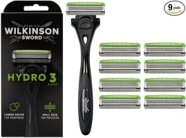 WILKINSON SWORD - Hydro 3 Razor For Men, Carbon Coated Blades, Hydrating Gel & Skin Guards, Razor + 8 Razor Blades