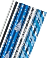 RUSPEPA Wrapping Paper Roll - Silver Snowflake and Blue Stripe Paper with Glitter Metallic Foil Shine - 4 Rolls - 76cm X 305cm Per Roll