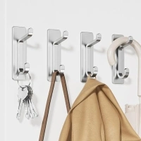 pickpiff Self Adhesive Hooks for Hanging, Extra Sticky Metal Stainless Hooks for Coat Towel Key Hat, Wall Mounted Heavy Duty, Removable Hanger for Bathroom, Kitchen, Hall, Over Door, Silver, 4 Pack