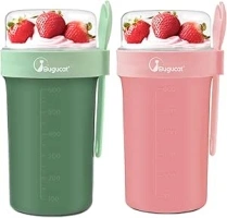 Bugucat Overnight Oats Jars 2 Set, Overnight Oats Container with Lid and Spoon, Leak-Proof yoghurt Cup＆Cereal Cup with Measurement Marks, Salad Storage Container for Milk Cereal Fruit, Green ＆ Pink