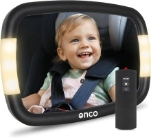 Onco LED Baby Car Mirror for Back Seat - 2 Light Modes, 100% Shatterproof Baby Mirror for Car Back Seat, 360° Adjustable Car Baby Mirror, Car Accessories & Newborn Essentials (Batteries not included)