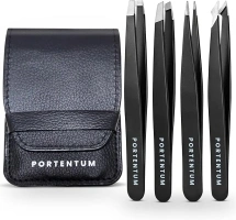 PORTENTUM Professional Tweezers for Facial Hair Women and Men - Stainless Steel Precision Tweezers for Ingrown Hair Tweezers (4 Pcs)