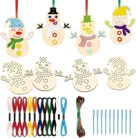 10 Pieces Christmas Wooden Cross Stitch Kits, Christmas Tree Ornaments Hanging Decorations Wooden Christmas Decorations, Christmas Arts and Crafts for Beginners DIY Project (Snowman)
