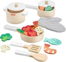Fisher-Price Wood Kitchen Pretend Play Toy Pots & Pans Set, 19-Piece Playset Wooden, Metal & Fabric for Preschool Kids Ages 3+ Years, HXT83