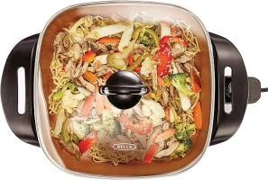 BELLA Electric Skillet and Frying Pan with Glass Lid, Nonstick Coating, Cool Touch Handles, Removable Heating Probe, Dishwasher Safe, 30 x 30 cm, Copper