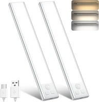 OUILA Under Cabinet Kitchen Lights, 3 Color Dimmable 32 LED Motion Sensor Lights Indoor, 1000mAh USB-C Rechargeable LED Lights for Cupboard, Kitchen (3 Color Temperature, 20.5cm - 2 Pack)