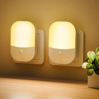 2 Pack Plug in Night Light with Dusk to Dawn Photocell Sensor, 5 Adjustable Brightness Levels, ON/Off/AUTO Modes, 3000K Warm White LED Night Light for Hallways, Stairs, Bedrooms, Kitchens, 0.3W