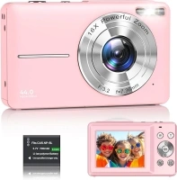 Digital Camera 1080P FHD Compact Digital Camera 44MP Portable Mini Small Photo Camera with 2.4" LCD Screen, 16X Digital Zoom and 1 Battery Vlogging Camera for Kids, Girls, Boys-Pink