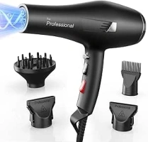 Hair Dryer - Professional Ionic Hairdryer, Powerful 2000W AC Motor for Fast Drying, 4 Heat & 3 Speed Settings, Cool Shot, Diffuser & 4 Nozzles for Women Man, Frizz-Free, Black
