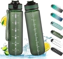 1L Water Bottle with Straw, Sports Drinks Bottle with Time Markings, Leak Proof, Tritan BPA free for School/Cycling/Running(DeepGreen)