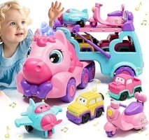 Lehoo Castle Toddler Toys for 1 2 3 Year Old Girls, 2 Year Old Girl Unicorn Toys, 1 2 3 Year Old Girl Unicorn Gifts, Birthday Gifts Carrier Truck with Light & Music