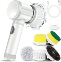 BAO Electric Spin Scrubber, 5-in-1 Cleaning Brush for Windows, Bathroom, Cars, Grill - 6 Replaceable ABS Bristle Heads, Sonic Scrubber Removes Mould, Bugs, Tar - White