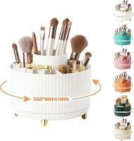 360° Rotating Makeup Organiser, Make Up Brush Holder with 5 Compartments, Desk Storage Container for Bedroom Dressing Table Cosmetics Organizer, Office Stationery Storage, Desktop Pen Holders (White)