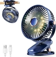 iNeibo Portable Clip on Fan with LED Lights, 4000mAh Battery Operated USB Desk Fan, 4 Speed,720° Rotation, Quiet Rechargeable Mini Table Fan for Home Office Stroller Camping (Blue)