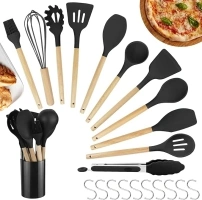 Silicone Kitchen Utensils Set, 22 PCS Kitchen Utensil Set with Wooden Handle, Non-Sticky, Heat Resistant, Easy Cleaning Utensil Set, Silicone Spatulas for Home Cooking Kitchen Gadgets Tools (Black)