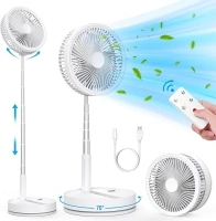 Portable Standing Fan with Remote Control, 9 Inch Foldable Pedestal Fans, 7200mAh Rechargeable Battery USB Powered Floor Fan, Height Adjustable, 4 Speeds, Quiet Camping Desk for Bedroom