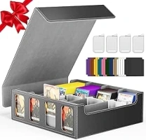 MTG Trading Card Storage Box Fits 3200+ Cards, Commander Deck Box Case, 4 Display Windows 24 Dividers 4 Card Holders, PU Leather Magnetic Closure For Magic/TCG/YuGiOh/Sport Cards- Black & Gray