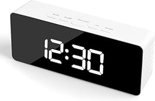Digital Bedside Snooze Time Temperature Function, Adjustable Brightness Mirror Surface Led Display Alarm Clock for Home, Office(USB or Battery Powered) White, Standard