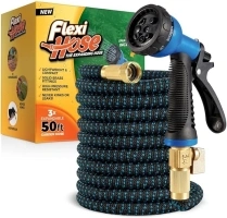 Flexi Hose Upgraded Expandable Garden Hose Pipe Including 8 Function Spray Gun Nozzle - Extra Strength with 2 cm Solid Brass Fittings - No-Kink Flexible Garden Hoses (Blue/Black 15 Metres)