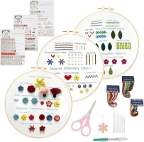 Jinsion Embroidery Kit: Learn 30 Stitches, 3 Sets with Instructions, Bamboo Hoop, 3 Aida Cloths, Cross Stitch Tools, Adult Beginners