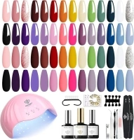 Modelones 28 Colors Gel Nail Kit With 48W Nail Lamp, 45pcs Soak Off Nail Gel Manicure Set Gel Nail Starter Kit No Wipe Base & Top Coat Bond Primer Diy Home Nail Curing Gift For Women