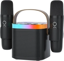 Karaoke Machine Plus 2 Wireless Microphones Portable Bluetooth Karaoke Speaker with Voice Change & Led Light, Gift for 3-12 Years Kids Boys Girls Adults on Christmas Birthday(Black)