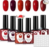 Red Gel Nail Polish Set, 6 Colors Red Glitte,Dark Red,Burgundy Gel Nail Polish Kit with Snowflake Nail Stickers, Soak Off UV Nail Gel Nail Art for DIY Manicure Salon