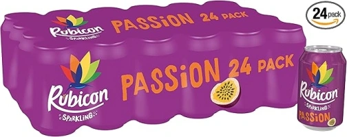 Rubicon 24 Pack Sparkling Passion Flavoured Fizzy Drink with Real Fruit Juice, Handpicked Fruits for a Temptingly Intense Taste "Made of Different Stuff" - 24 x 330ml Cans
