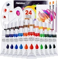 Halobios Acrylic Paint Set 24 Colors, 12ml Tube Paints with 3 Paint Brushes 1 Palette 1 Blank Canvas for Artists Beginners Kids, Rich Pigmented Acrylic Paints Kit for Canvas Wood Paper Glass Fabric