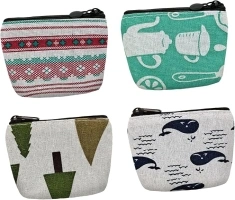 FuninCrea Small Coin Purse, 4 Pack of Different Cute Flower Patterns Canvas Coin Purse with Smooth Zip Mini Wallet for Storing Coin, Credit Card, ID Card, Keys, Lipstick (Style 2)
