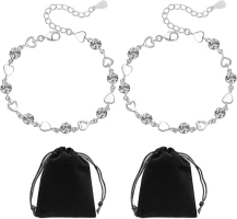 MAXQUU 2 Pieces Heart Shaped Bracelets With Black Storage Bags - Adjustable Silver Diamond Bracelets for Women, Fashionable Hand Accessories for Ladies and Girls
