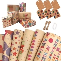 Niviy Wrapping Paper Birthday Sheets (70 x 50cm) - 6 Pack Brown Kraft Gift Wrapping Paper, Eco & Recyclable Present Wrap Paper Set with Sticker for Kids, Boys, Girls, Baby, Female, Men