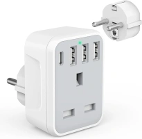 UK to European Travel Adaptor with 4 USB Ports(1 USB C), Grounded EU Euro Europe to UK Power Plug Adapter for Germany Spain France Iceland Greece Poland Netherlands Austria Turkey etc (Type E/F)