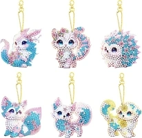6 Pcs Double Sided Diamond Art Painting Keychains, 5D DIY Diamond Art Painting Keyrings Kits, DIY Diamonds Key Rings Hanging Animal Kit Handicrafts for Key Case Purse Home Decor (Fox, C)