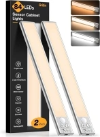 Gritin Under Cabinet Kitchen Lights-84 LED Super Bright,3-Color&5-Brightness,4 Modes,Motion Sensor,Rechargeable 1800mAh Long Lasting-Easy Installation Strong Magnetic Under Closet Light-2 Pack