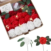 Warmiehomy Artificial Flowers Roses 25Pcs Fake Rose Flowers with Light & Gift Card Real Touched Artificial Foam Roses for Wedding Bouquets Party Valentine